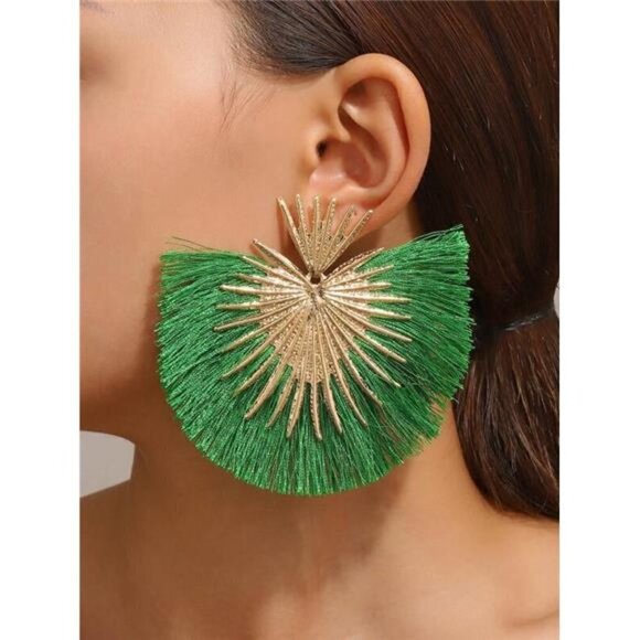 WOMEN'S Green Tassel Stud Statement Earrings - Picture 6 of 6